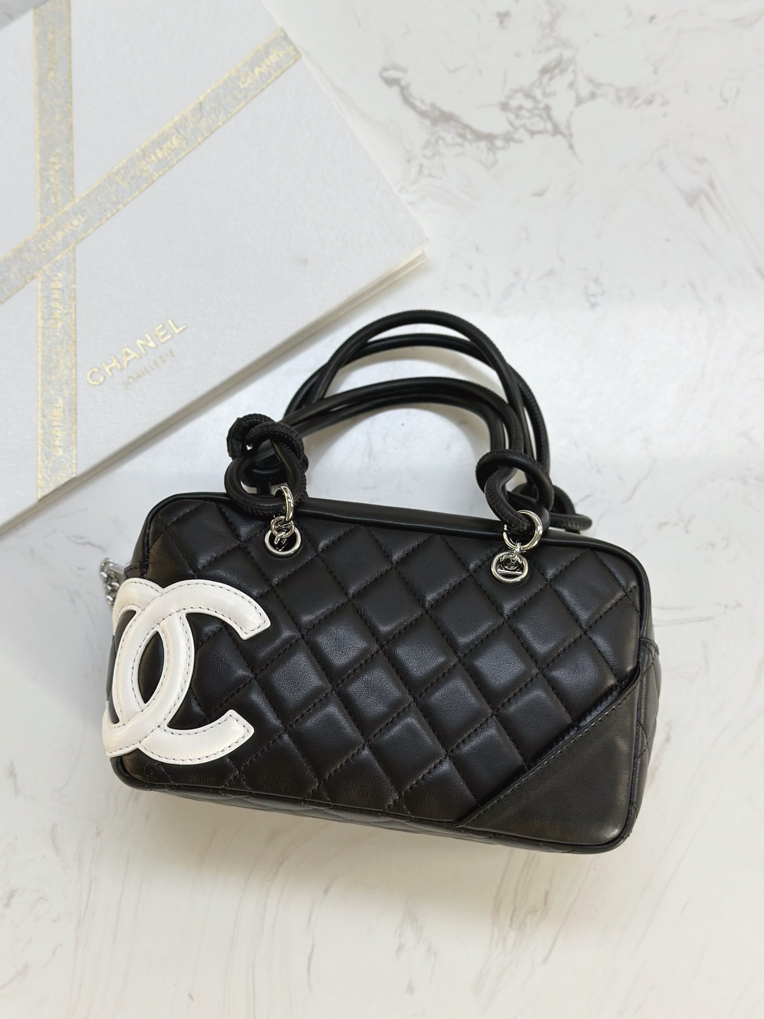 Ch@nel Calfskin Quilted Small Cambon Bowler Black White-19.5*10.5*9CM