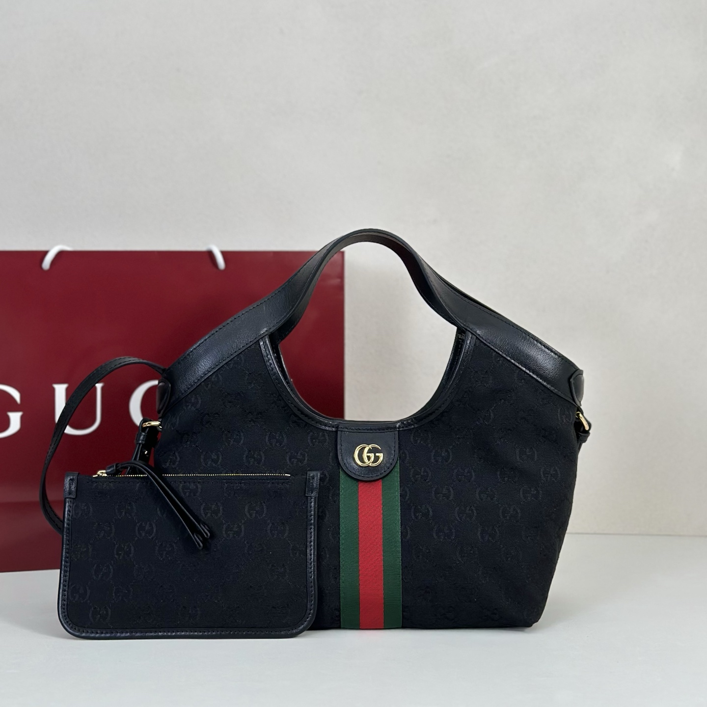 Guc*ci Giglio Small Tote Bag In Black GG Canvas-25*20*15CM