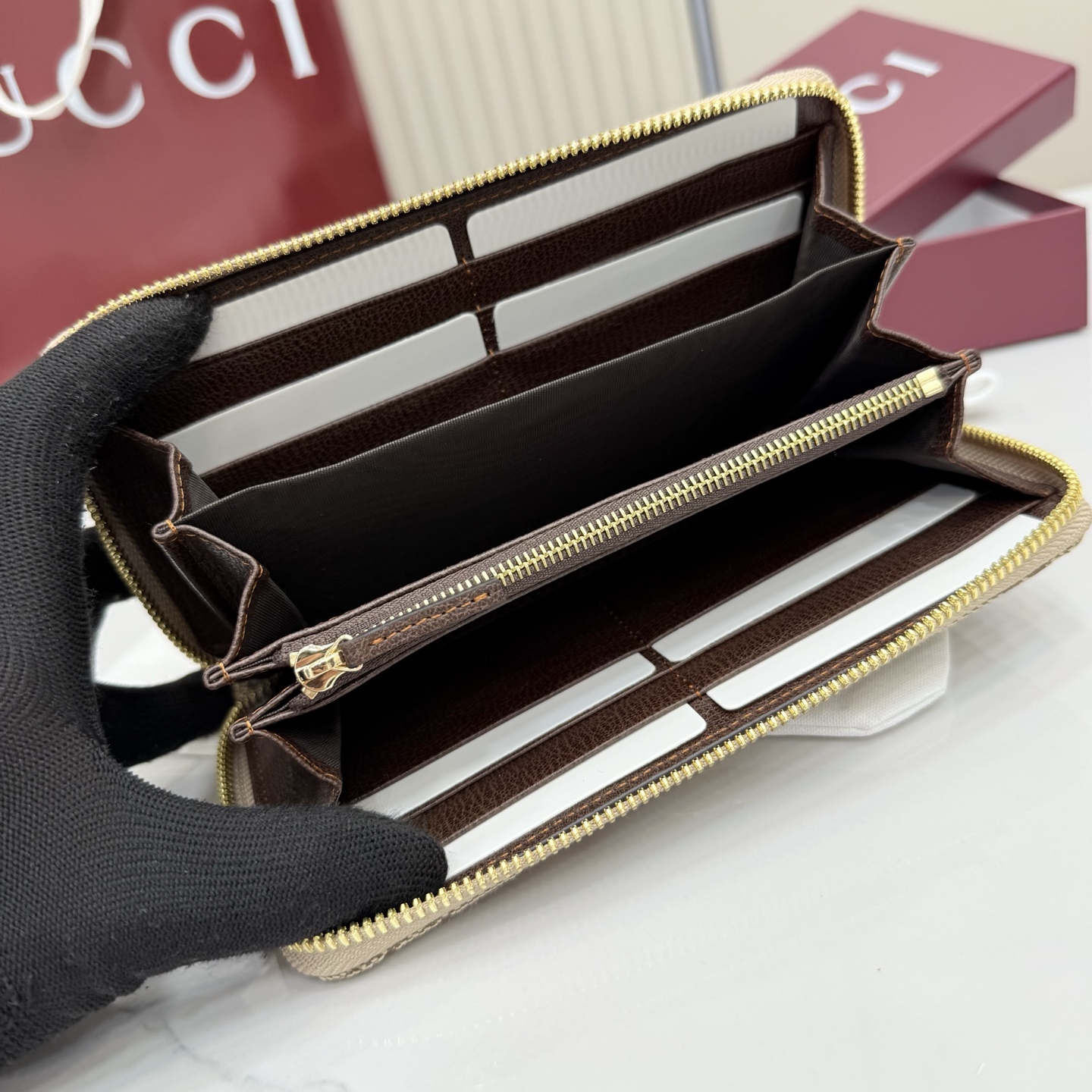 Gvc*1 GG Marmont Zip Around Wallet In Sand And Brown GG canvas-19*10.5*2CM